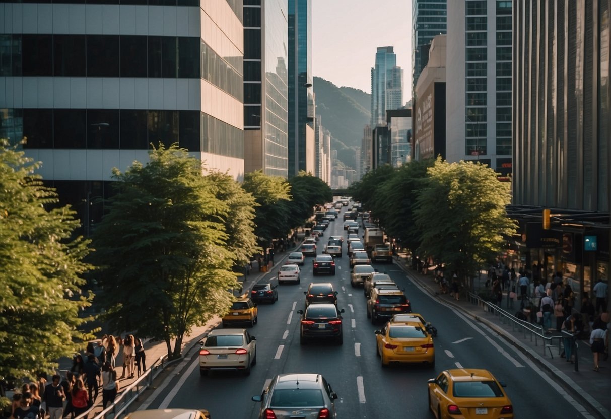 A bustling city with skyscrapers and traffic, contrasts with a serene outdoor environment of mountains and forests