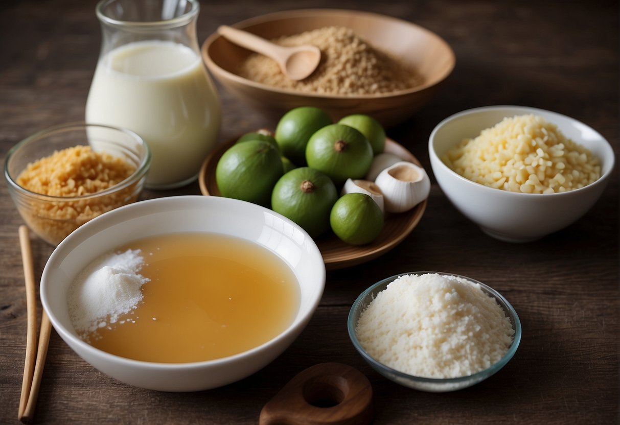 A table with various ingredients and utensils laid out, including flour, sugar, coconut milk, and a mixing bowl. A recipe book open to a page with instructions for making Chinese kueh
