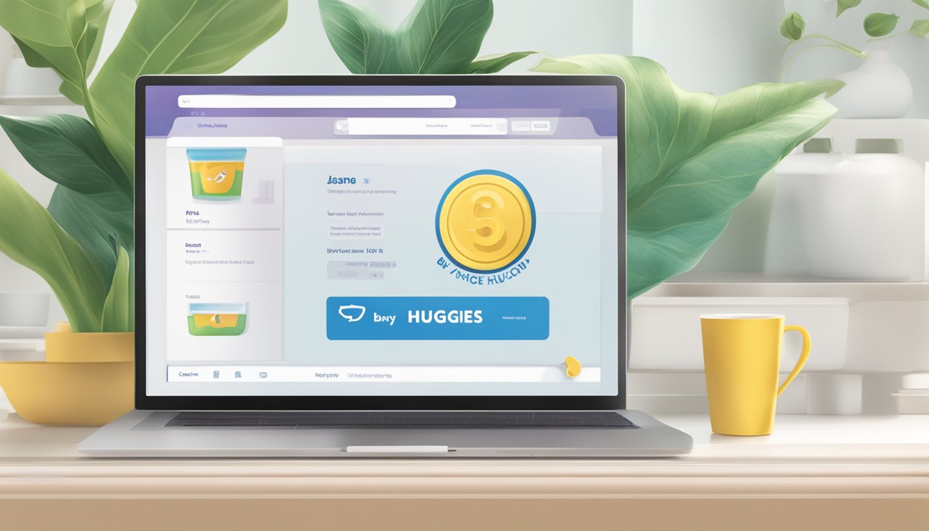 A computer screen displaying a website with the Huggies logo and a "buy now" button