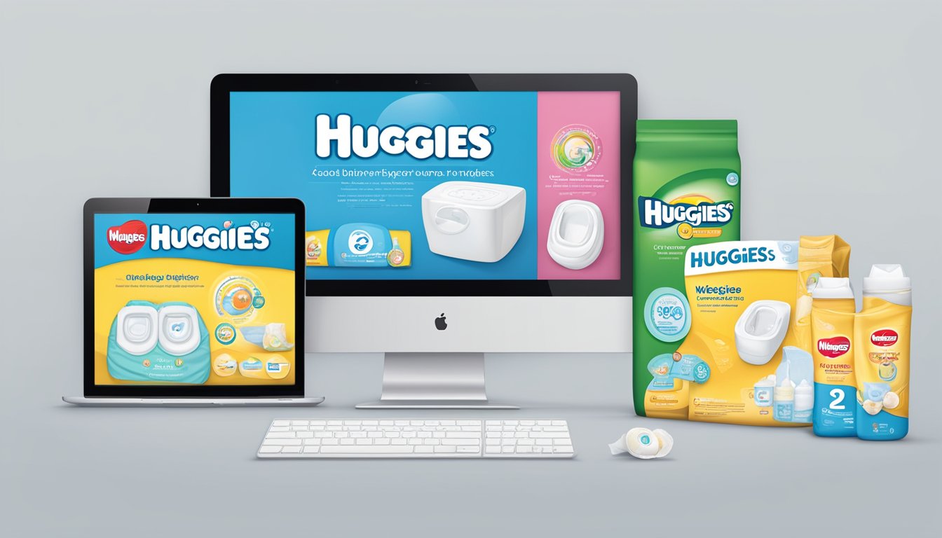 A computer screen displaying a website with the Huggies logo and a variety of diaper options available for purchase