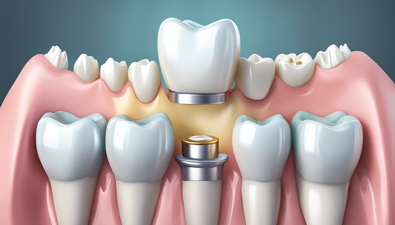 A dental crown sits on a tooth, fitting snugly over it. The tooth is surrounded by healthy gum tissue, and the crown appears natural and seamless