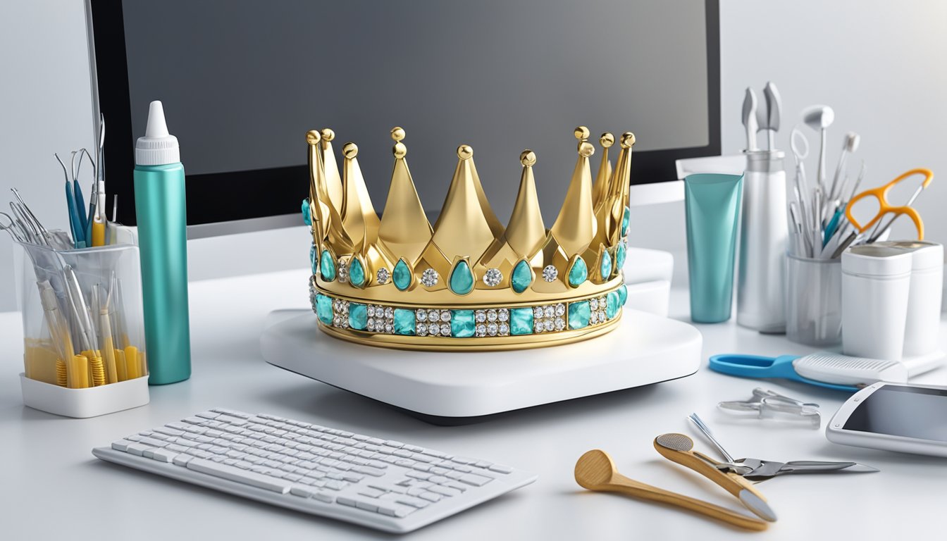 A dental crown sits on a clean, white surface surrounded by dental tools and supplies. A computer screen displays an online store for purchasing dental crowns