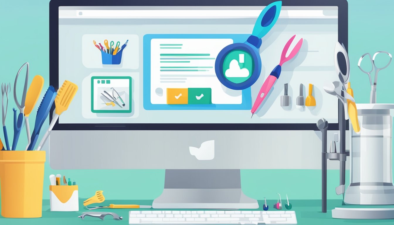 A computer screen displaying a website with the title "Frequently Asked Questions buy dental crowns online" surrounded by dental tools and equipment
