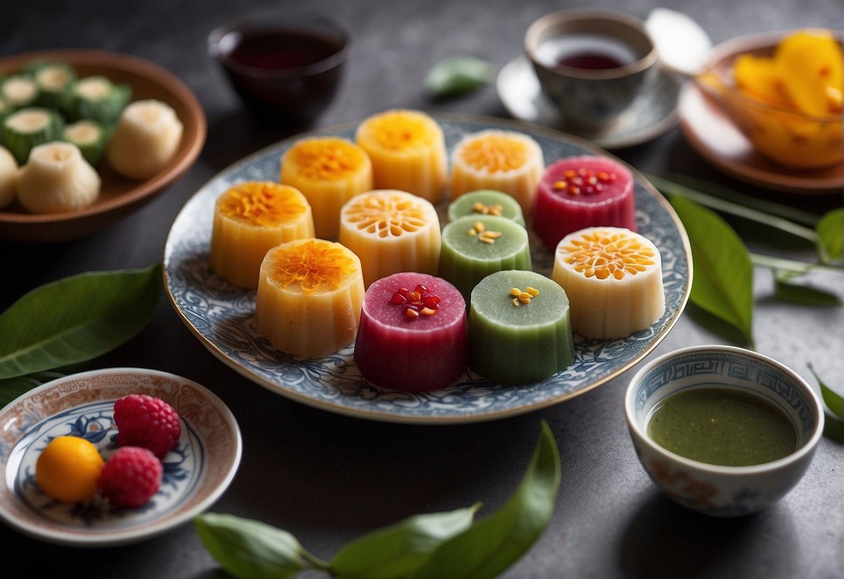 A table set with an array of colorful Chinese kueh, arranged in an elegant and artistic manner, showcasing the intricate designs and vibrant flavors
