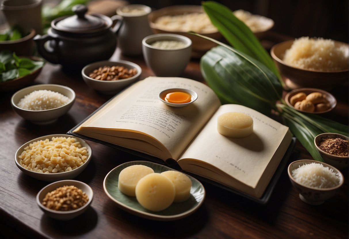 A table with various ingredients and utensils for making Chinese kueh. A recipe book open to the "Frequently Asked Questions" section