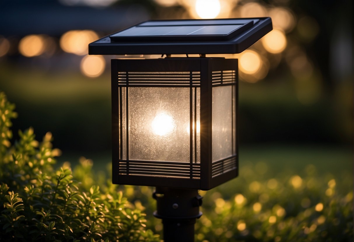 Outdoor solar lights dimming over time, surrounded by various environmental factors such as weather, dust, and debris