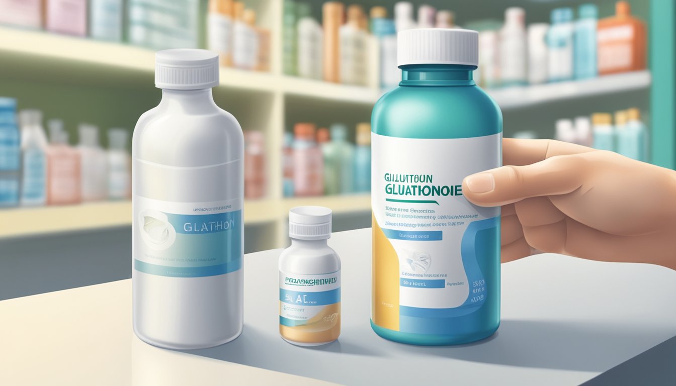 A hand reaching for a bottle of glutathione in a Singaporean pharmacy