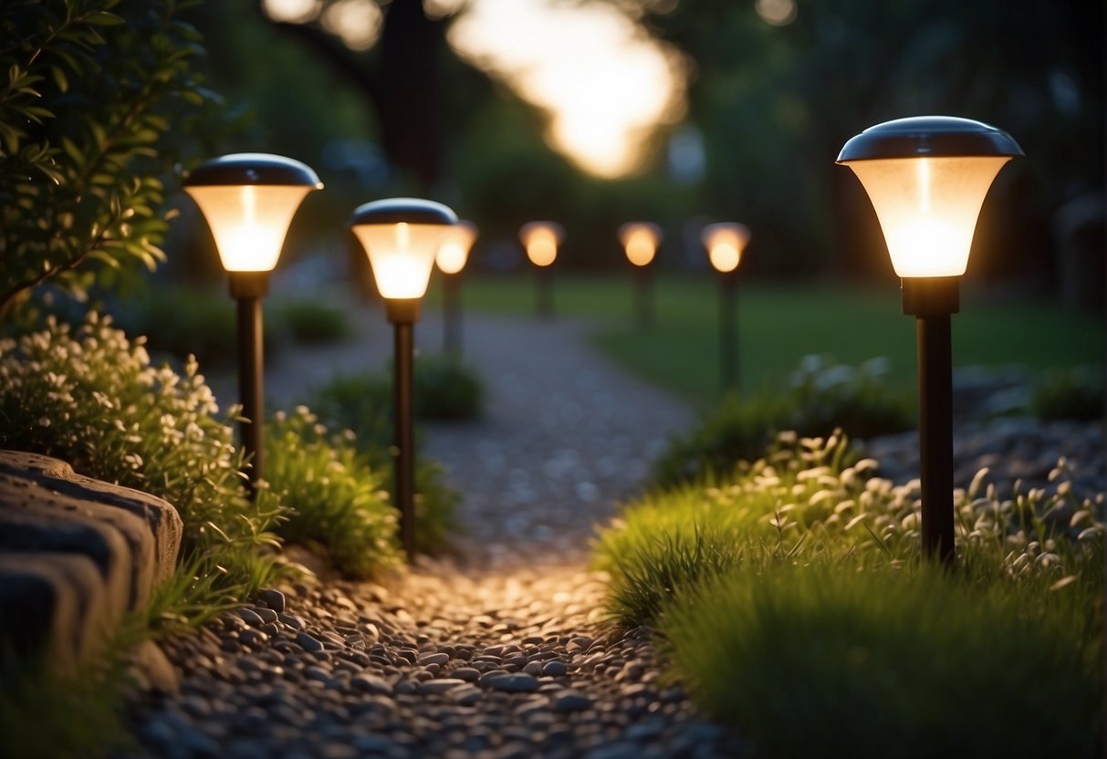 Outdoor solar lights line a garden path, their soft glow illuminating the surrounding area. Some lights have been in place for years, while others are newer additions, showcasing the varying lifespans of these sustainable lighting solutions