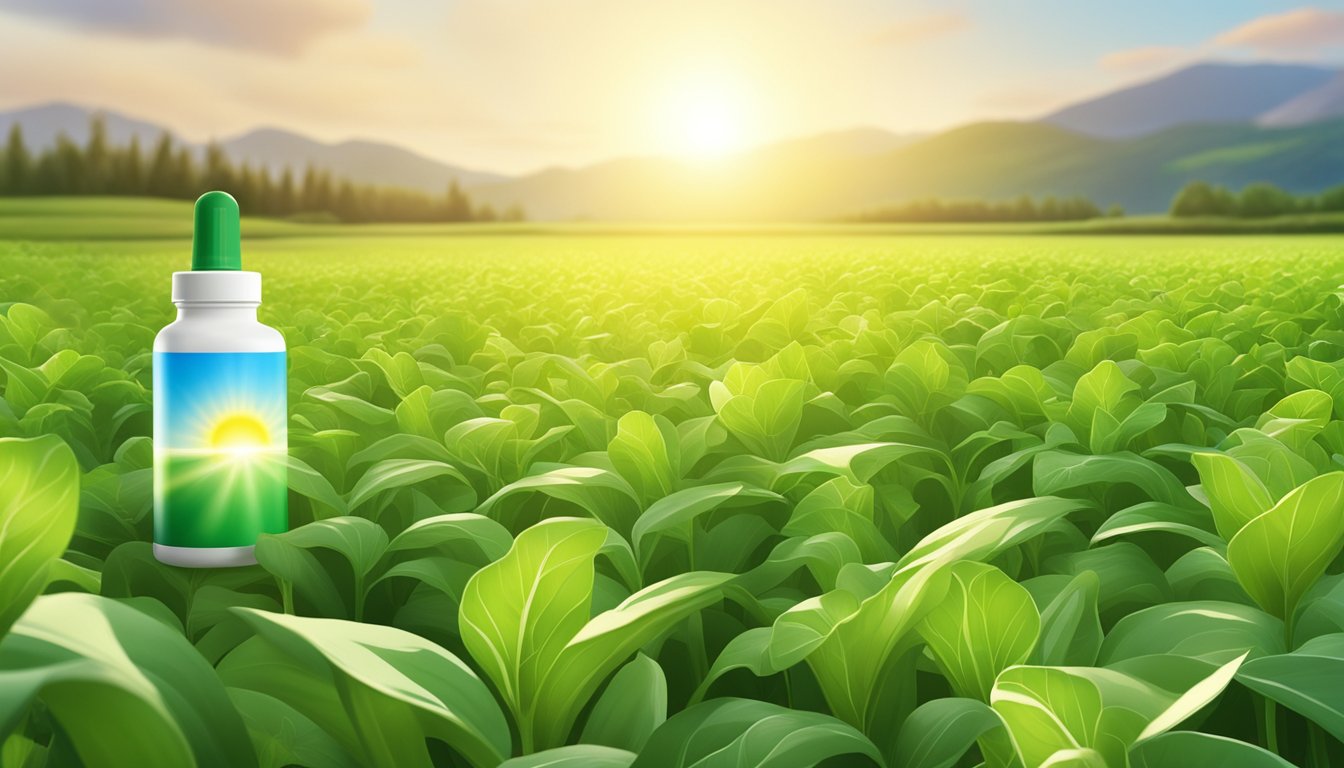 A radiant sun shining down on a field of vibrant green plants, with a bottle of glutathione supplement prominently displayed in the foreground
