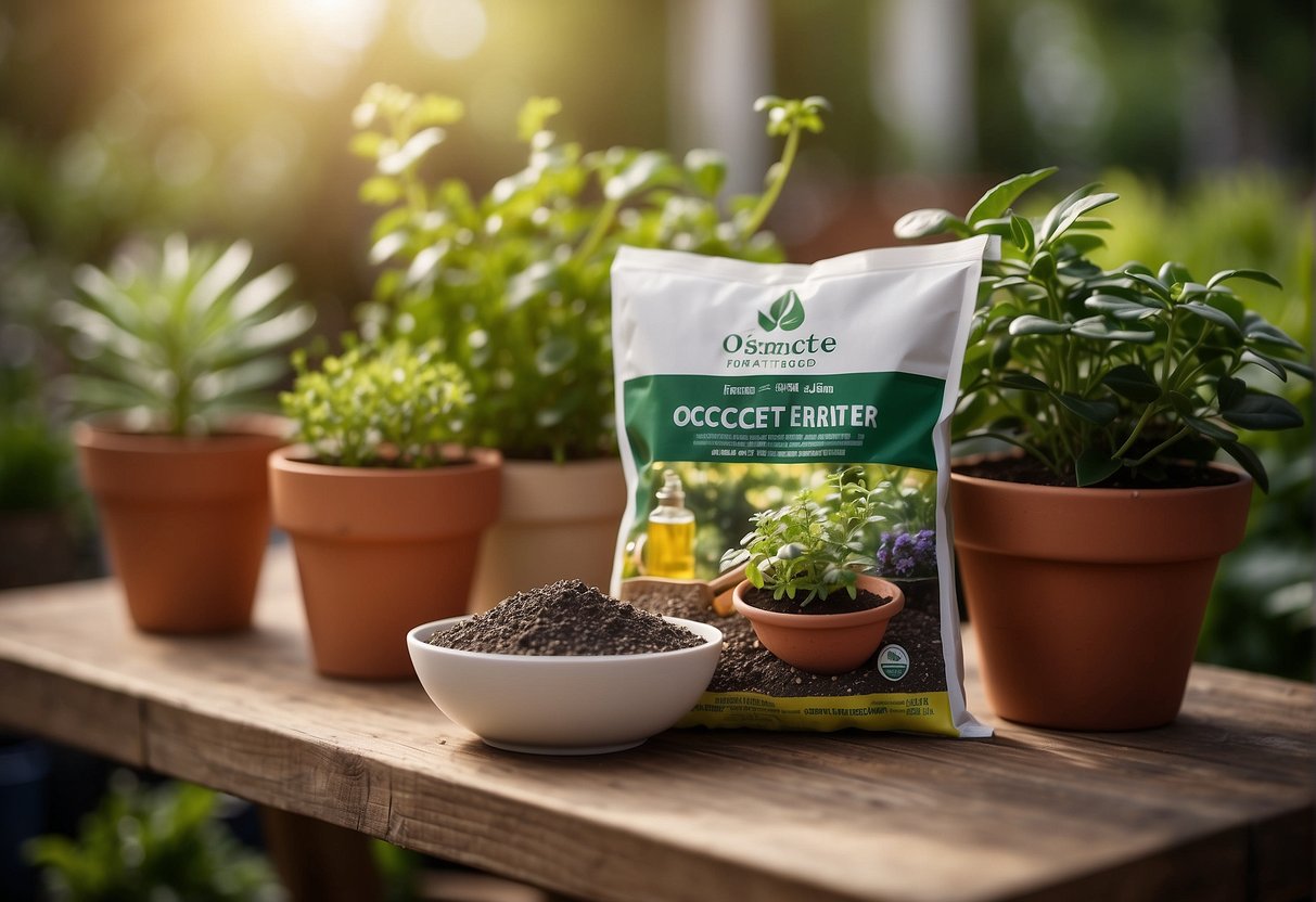 A bag of Osmocote Organic fertilizer sits on a garden shelf, surrounded by potted plants and gardening tools