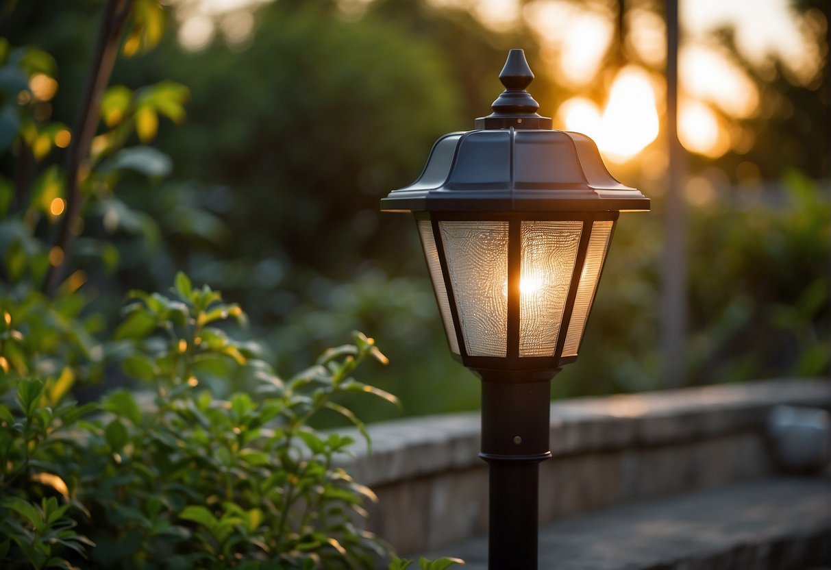 A solar light fixture sits on a patio, surrounded by greenery. The sun sets in the background, casting a warm glow on the surroundings