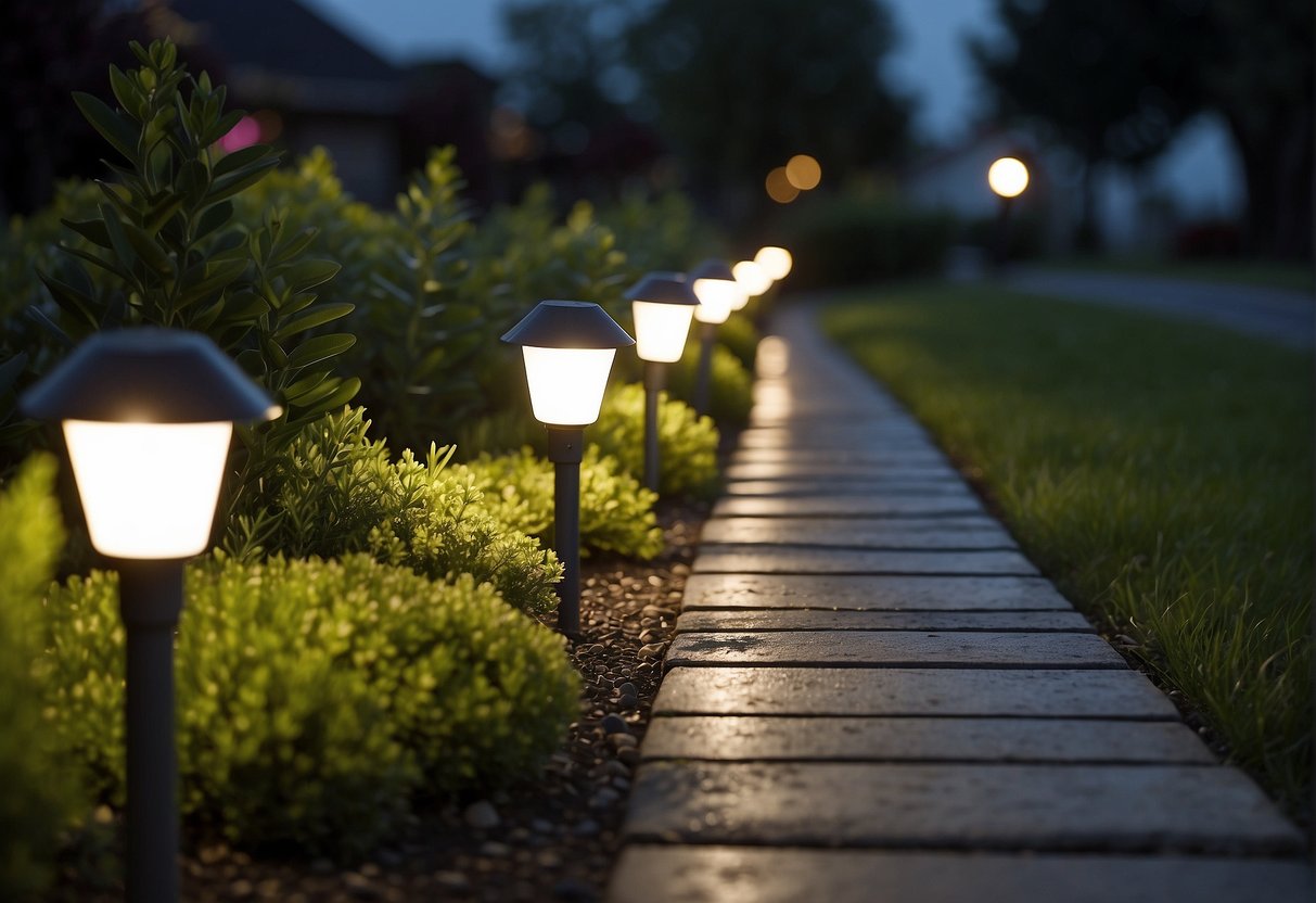 A dark, overcast sky looms above a row of outdoor solar lights, their dim glow barely visible as they struggle to illuminate the surrounding area. The lights flicker intermittently, casting sporadic shadows on the ground below