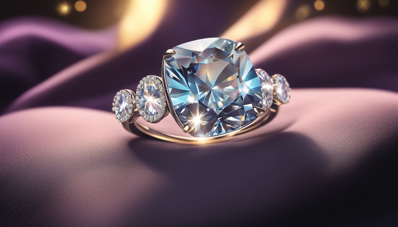A sparkling diamond ring sits atop a velvet cushion, bathed in soft light, showcasing its brilliance. The background is dark, emphasizing the ring's beauty