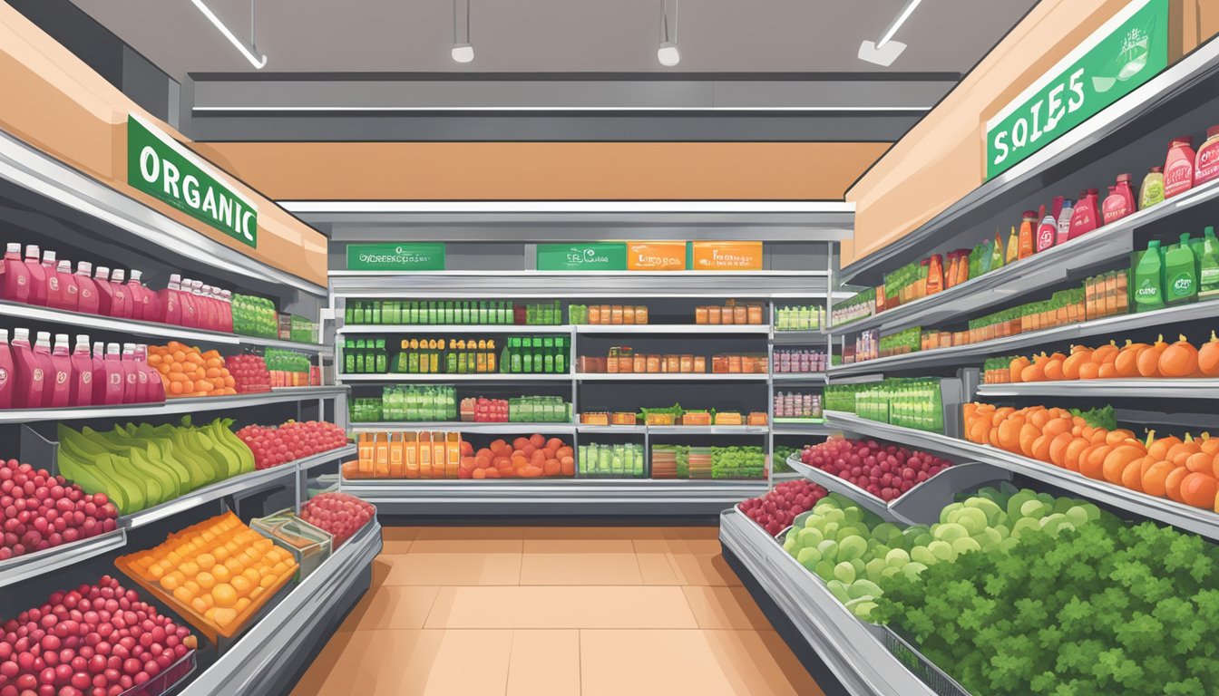 A bustling organic grocery store in Singapore, shelves stocked with vibrant bottles of cranberry juice, labeled with "organic" and "freshly squeezed" signs