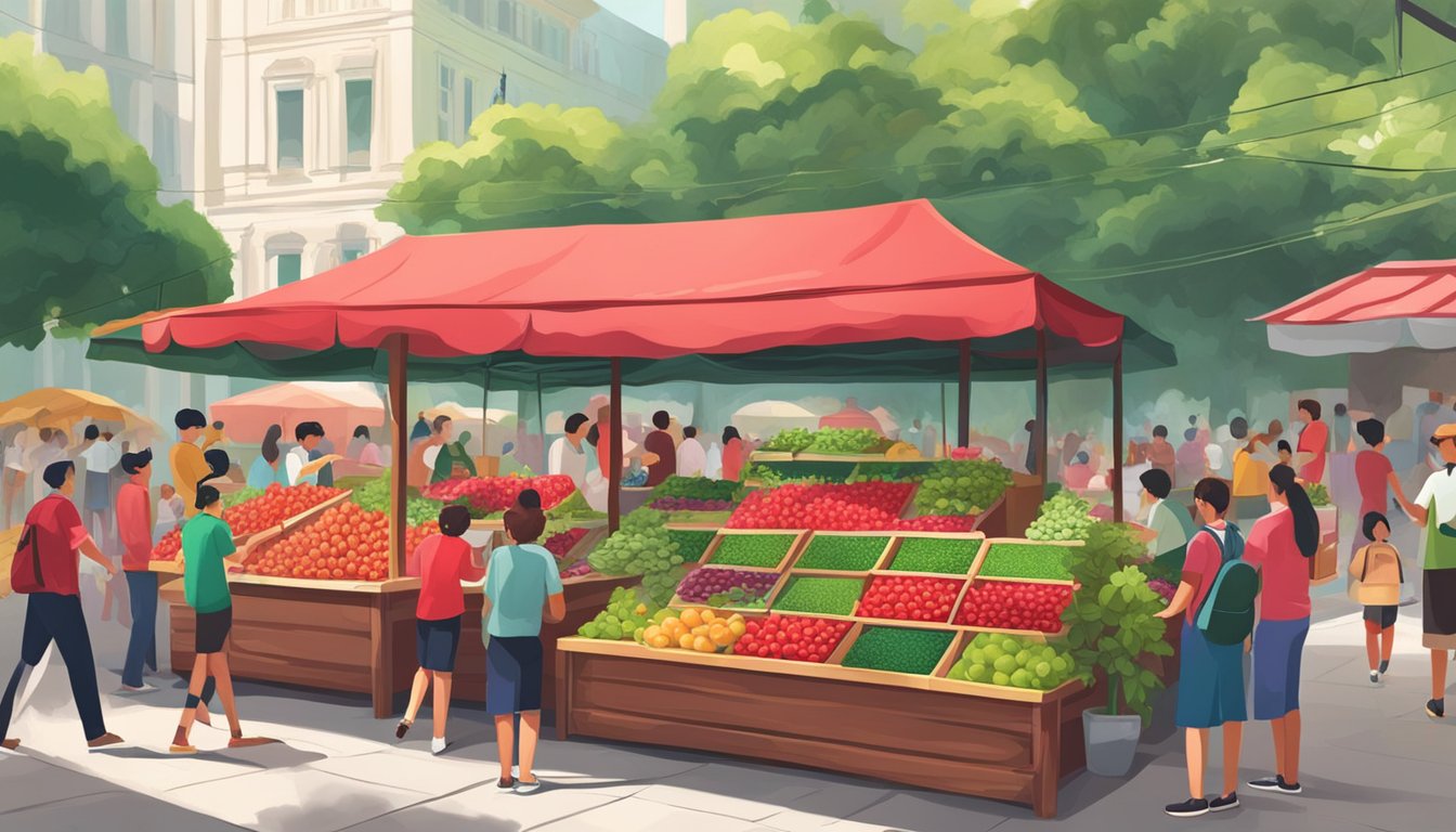 A vibrant market stall showcases organic cranberry juice in Singapore. Bright red bottles catch the eye, surrounded by lush green foliage and a bustling crowd