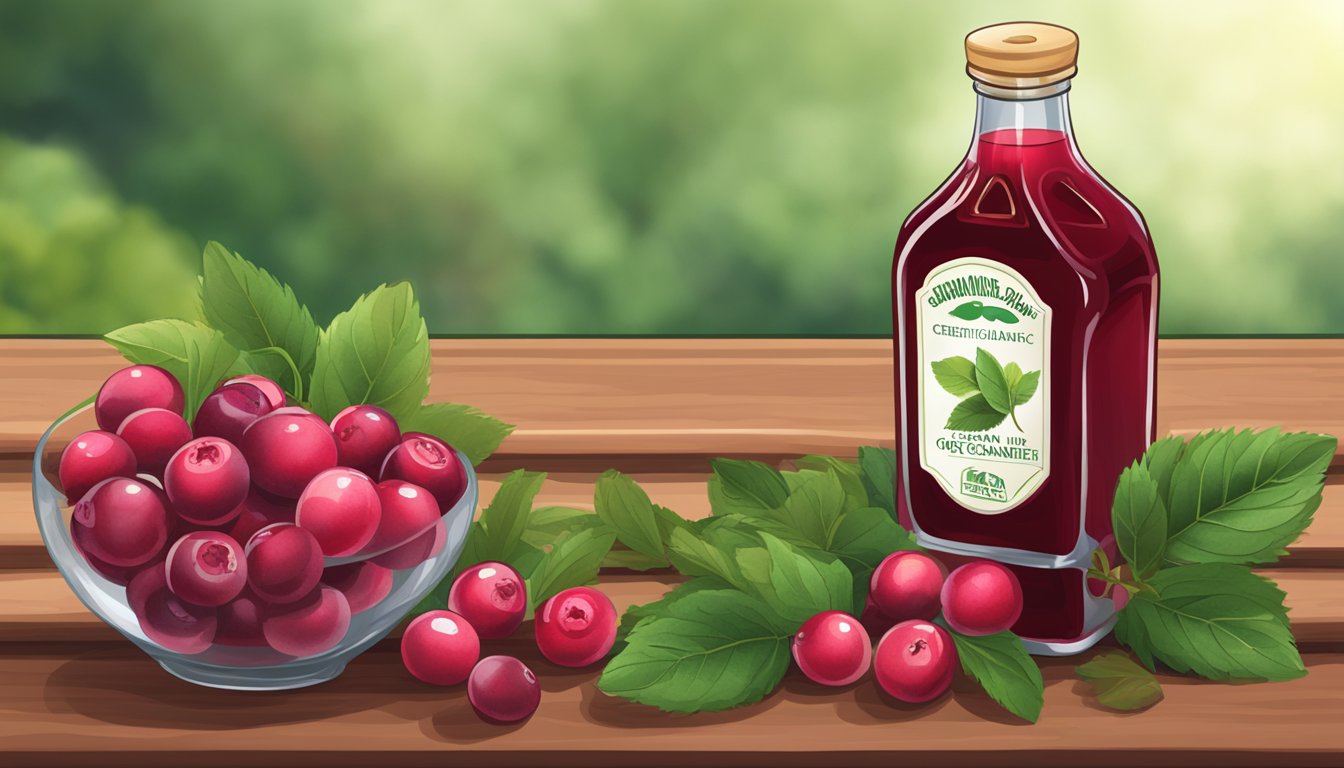 A glass of organic cranberry juice sits on a wooden table, surrounded by fresh cranberries and green leaves. The bottle of juice is prominently displayed, with a label indicating its organic certification