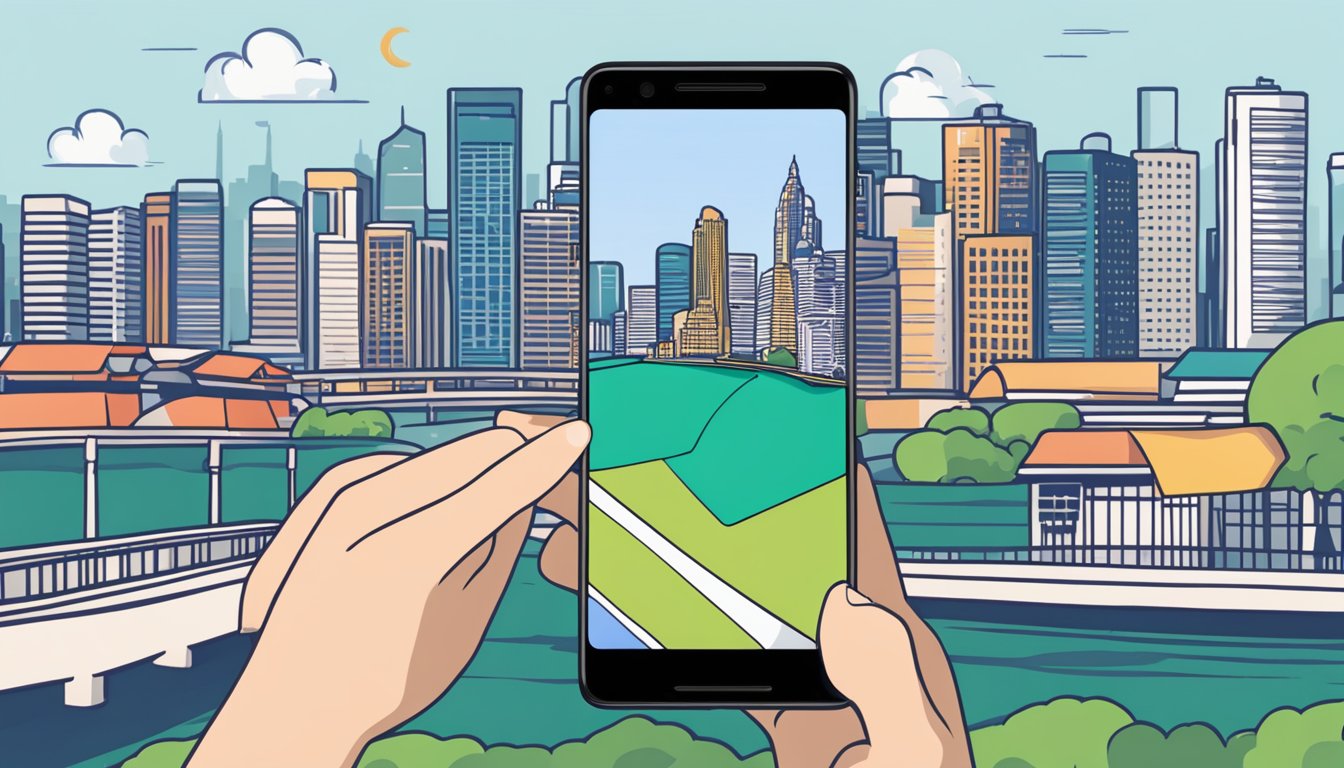 A hand holding a Google Pixel 3 phone with a Singaporean skyline in the background