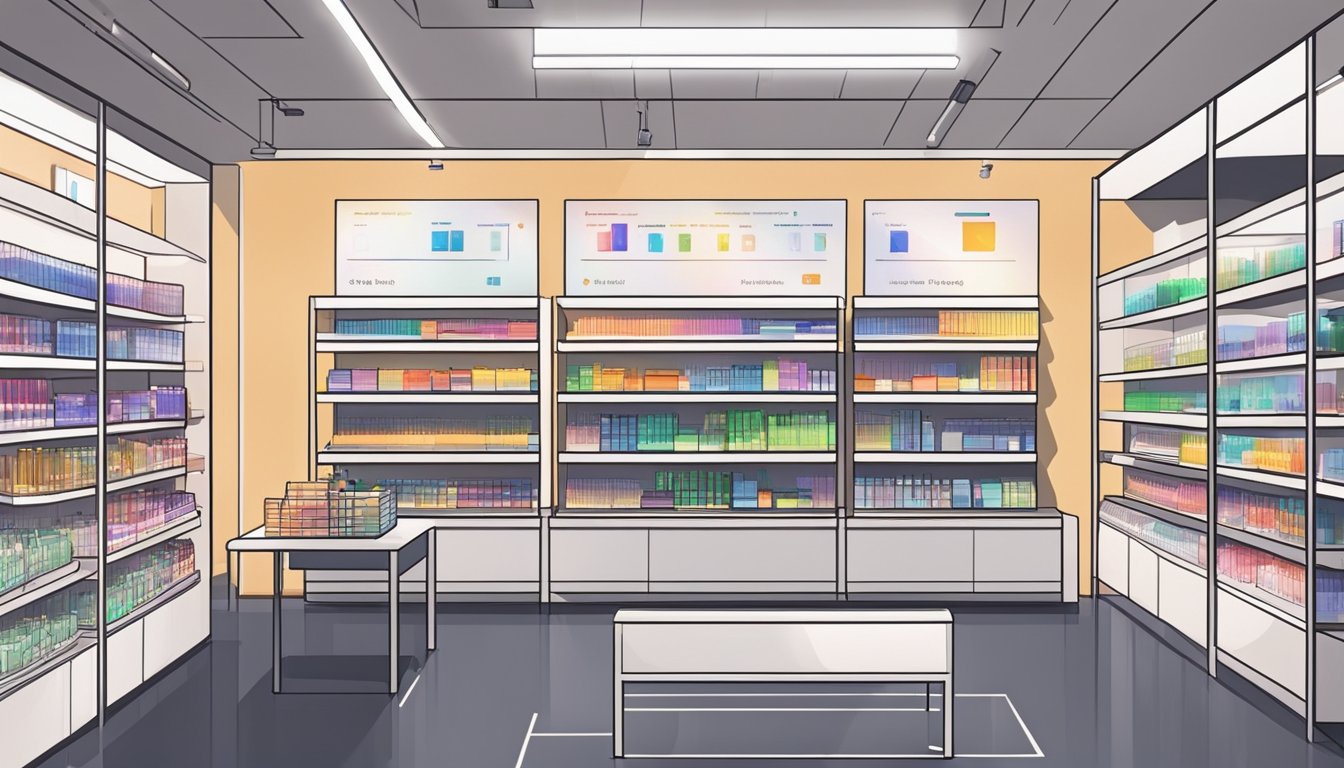 A busy electronic store in Singapore displays Google Pixel 3 phones on sleek, modern shelves. Bright lights illuminate the store, showcasing the latest technology