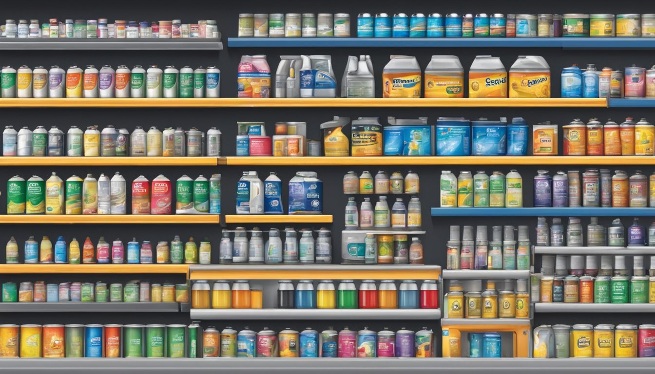 A hardware store shelf displays various cans of paint thinner in Singapore