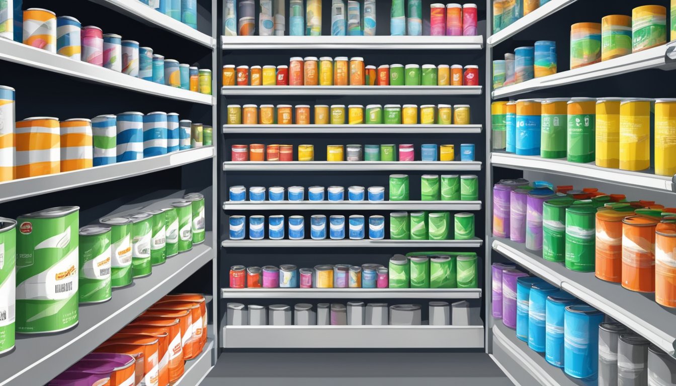 Shelves lined with paint thinner cans in a hardware store in Singapore. Bright lighting and clean aisles