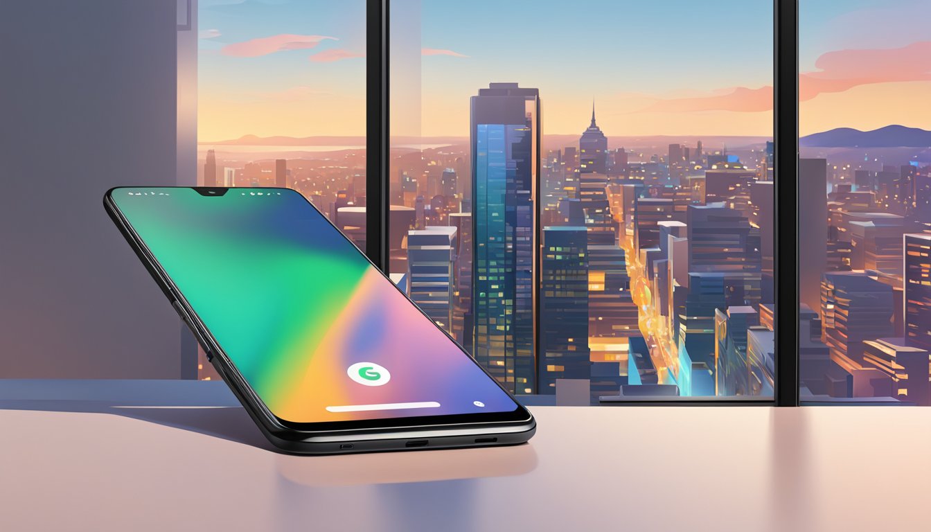 A Google Pixel 3 phone resting on a sleek, modern table with a vibrant cityscape reflected on its screen