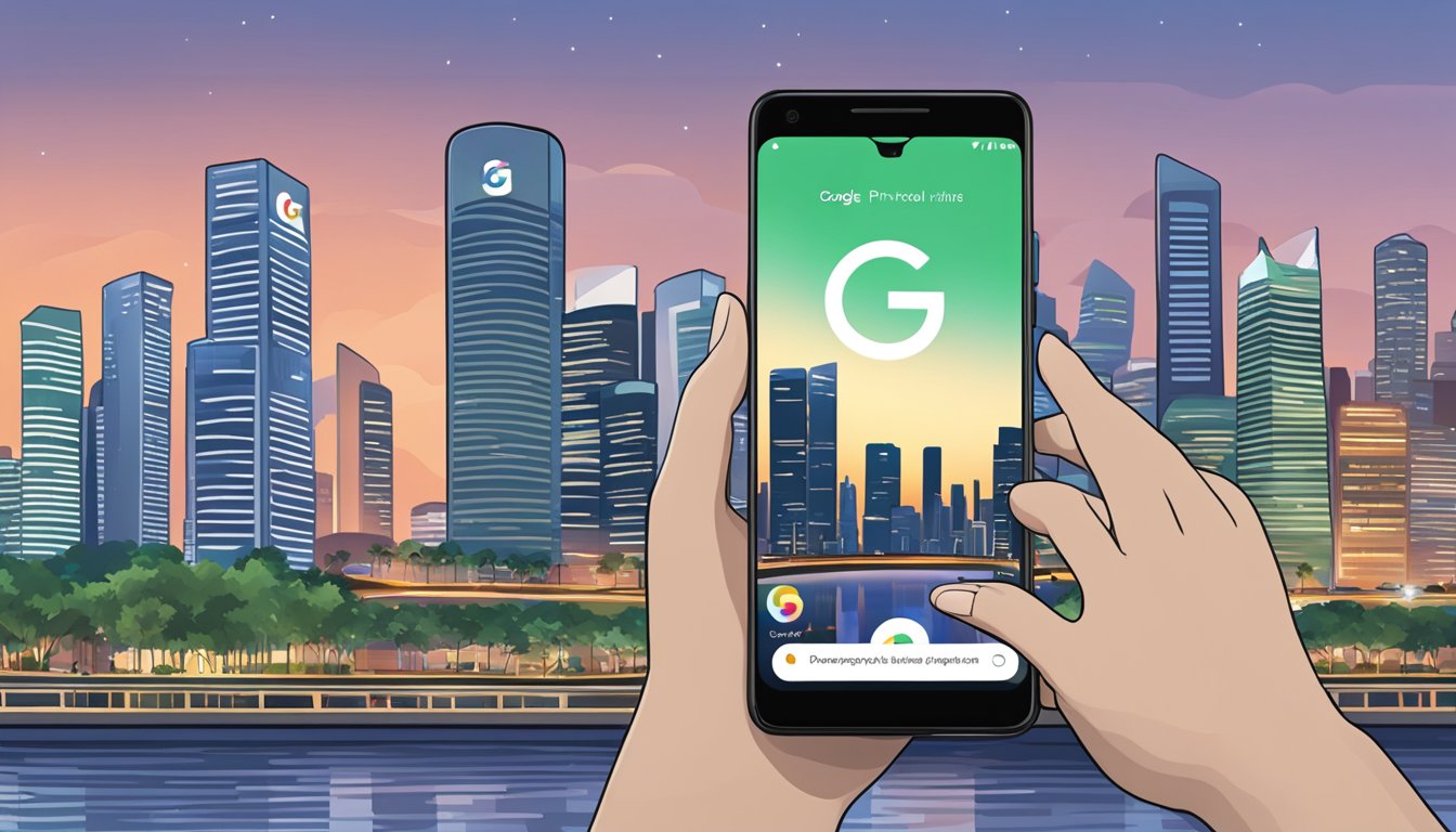 A hand holding a Google Pixel 3 with a Singapore skyline in the background