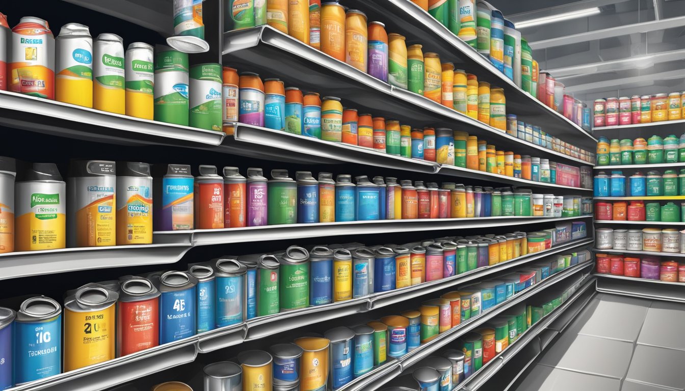 A hardware store shelf stocked with paint thinner cans in Singapore