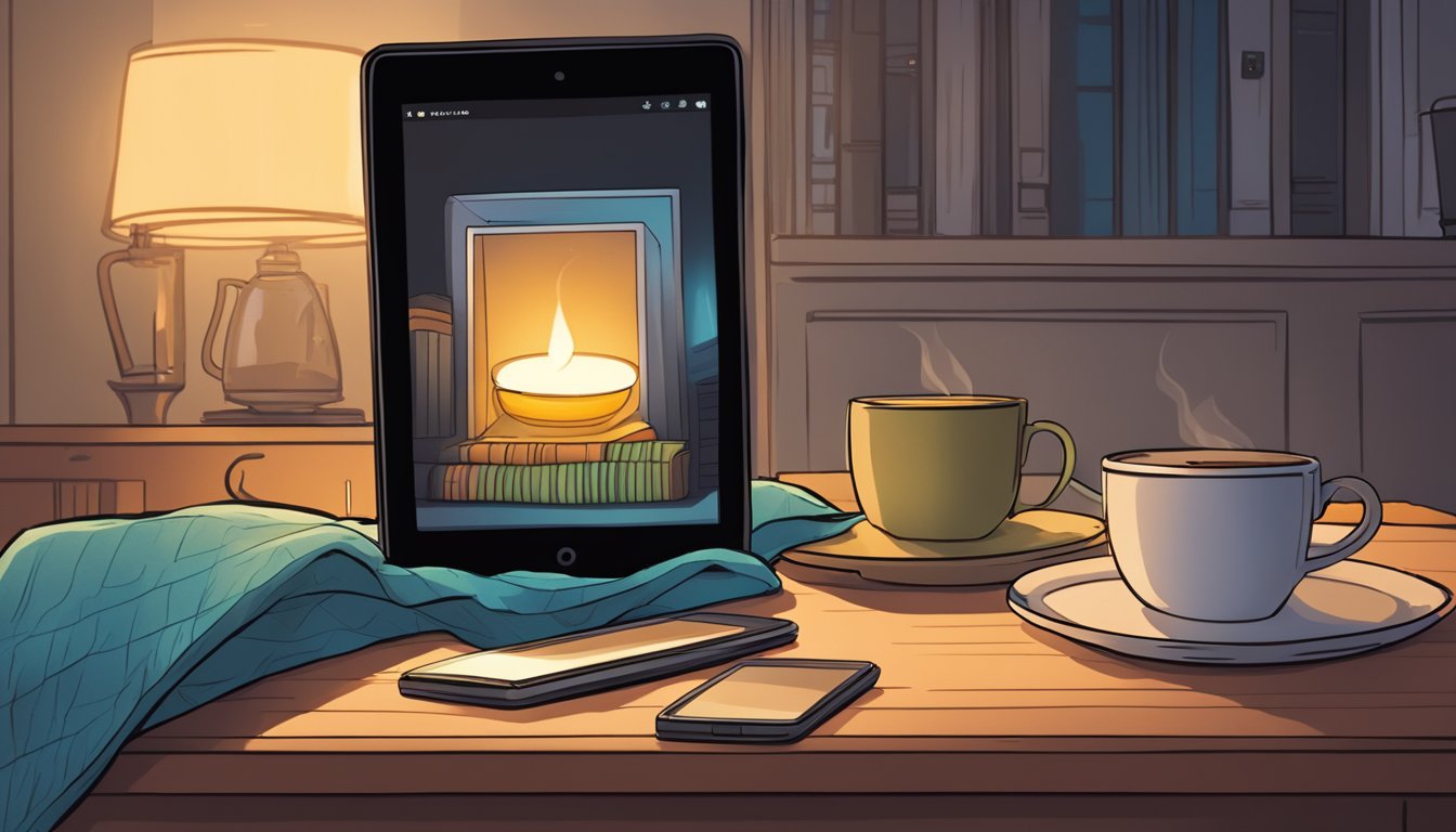 A Kindle Fire glowing in a dimly lit room, surrounded by cozy blankets and a steaming cup of tea on a nearby table