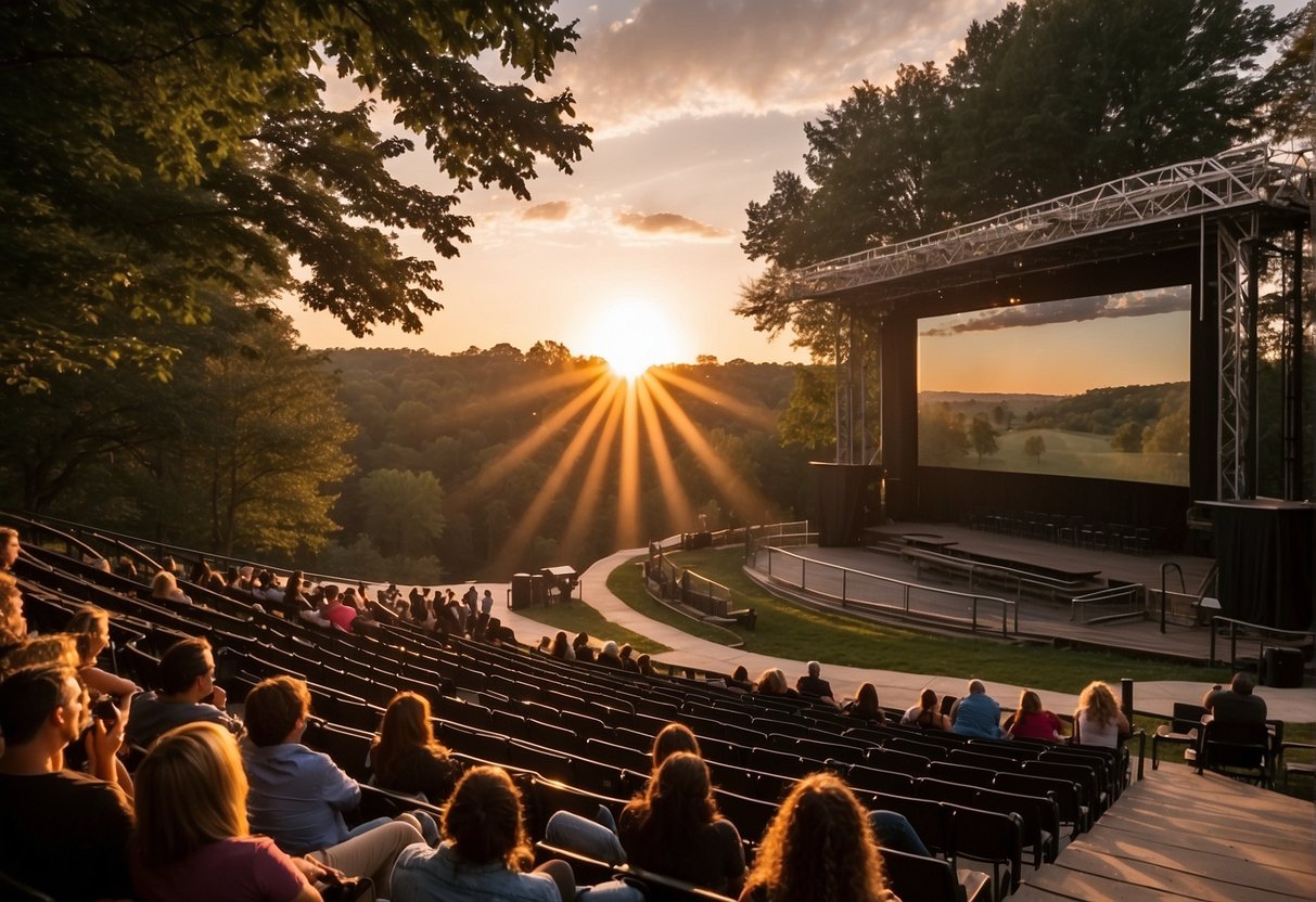 The sun sets behind the outdoor amphitheater as the Tecumseh outdoor drama unfolds under the starry night sky, capturing the essence of the historical seasonality and schedule of the event