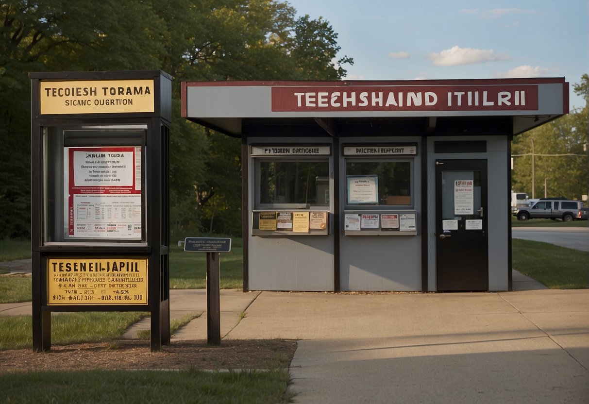 The ticket booth stands in front of the outdoor theater, with a sign reading "Tecumseh Outdoor Drama" and information about the show's duration