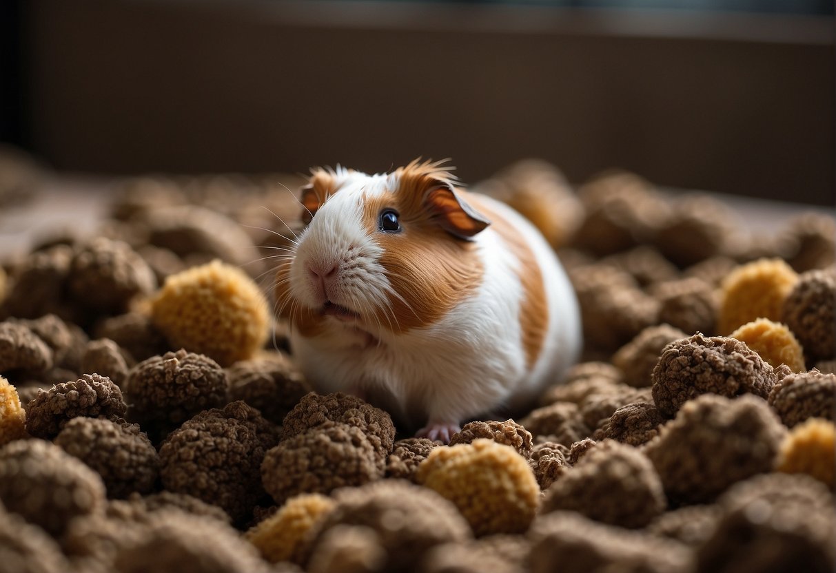 A pile of guinea pig poop sits in a small cage, surrounded by bedding and chew toys. The poop appears to be dry and pellet-like, with a slightly earthy odor