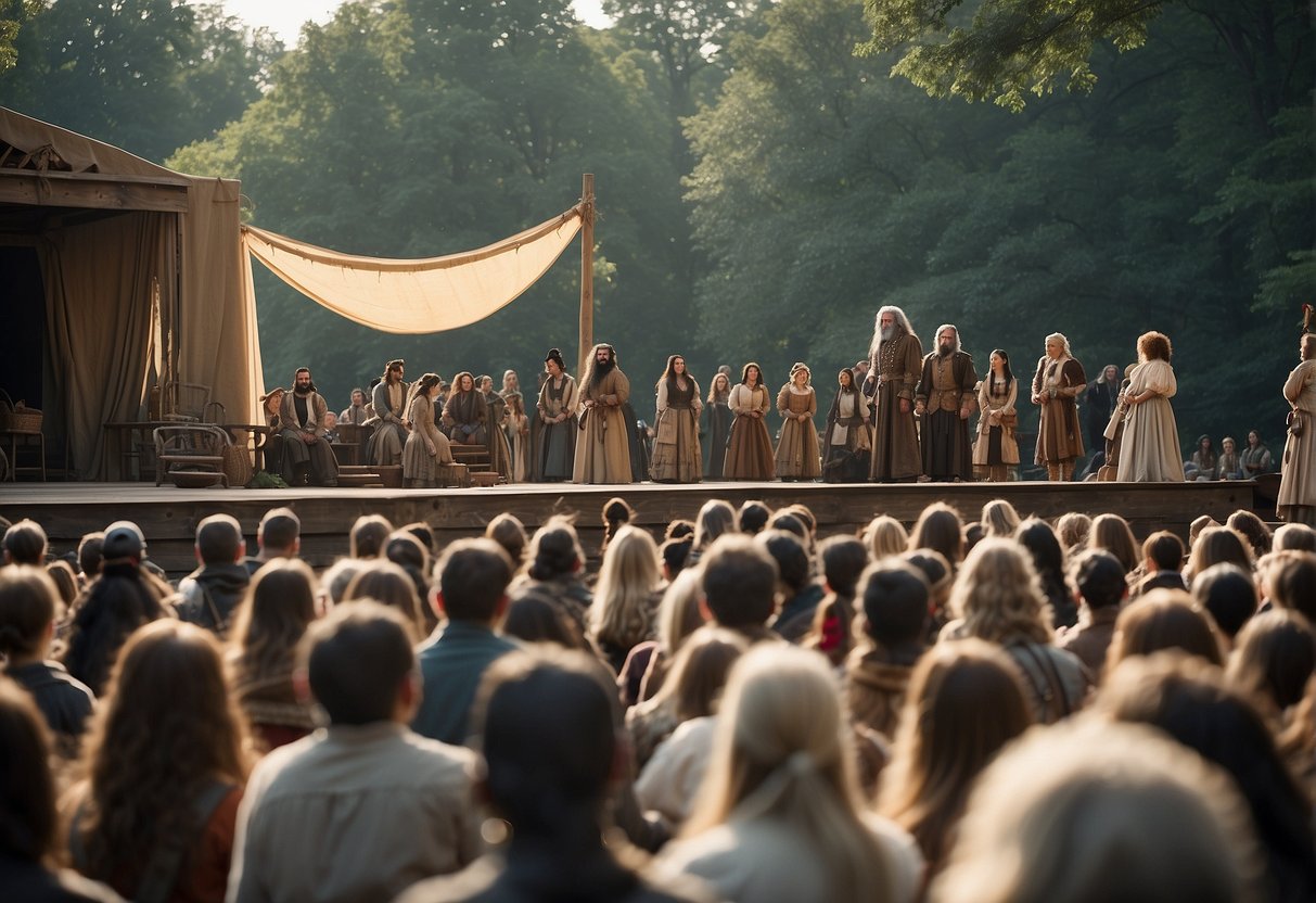 The outdoor stage is set with a large cast of characters in historical attire, portraying scenes from Tecumseh's life and the surrounding wilderness