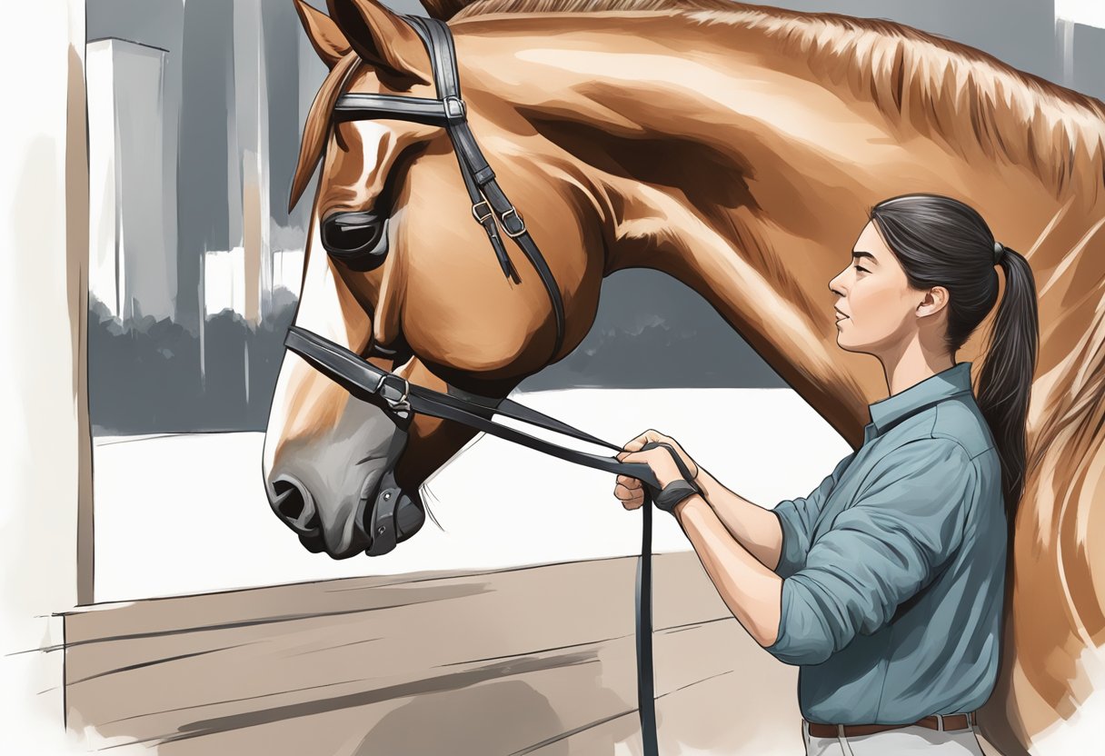 A horse being corrected for unwanted behavior with a firm but gentle hand, using clear body language and consistent cues