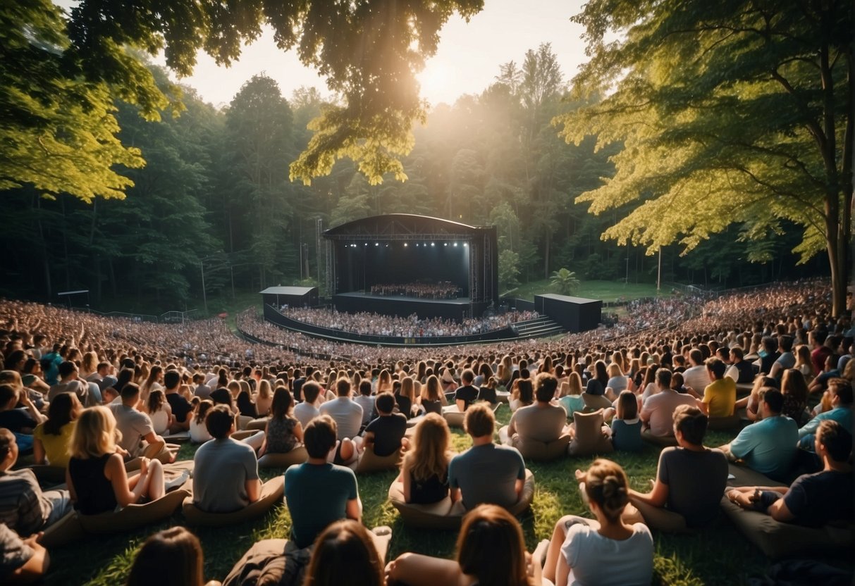 A bustling outdoor theater with a grand stage, surrounded by lush greenery and filled with eager audience members