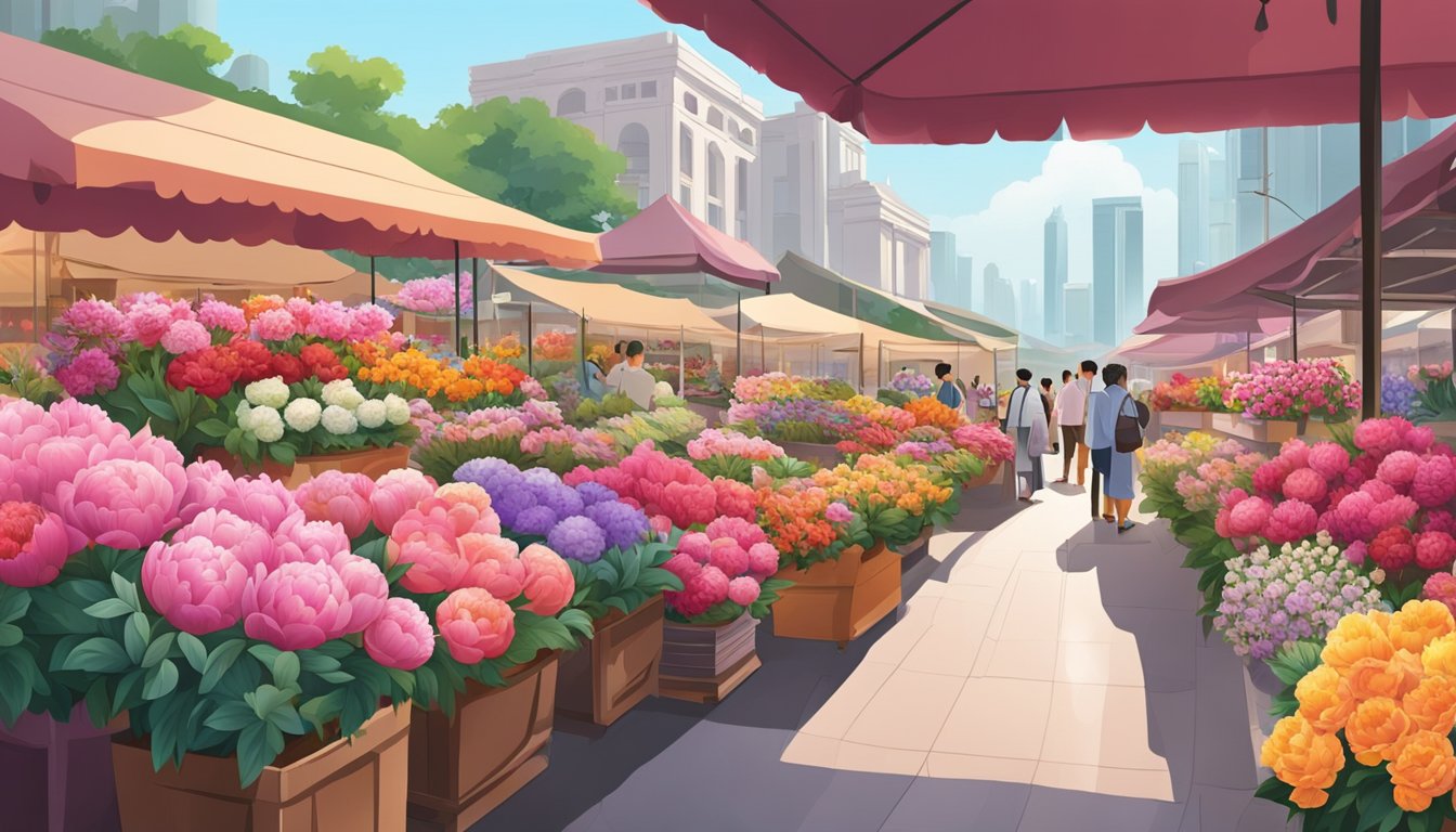 A vibrant flower market in Singapore showcases a variety of peony flowers in full bloom, with colorful blooms arranged in beautiful bouquets and displayed in elegant vases