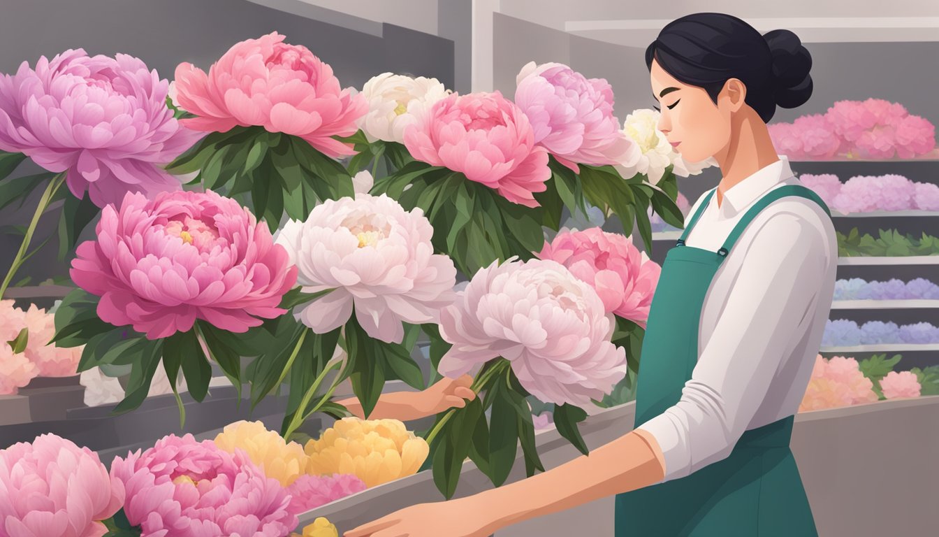 A customer carefully selects a perfect peony bouquet at a flower shop in Singapore