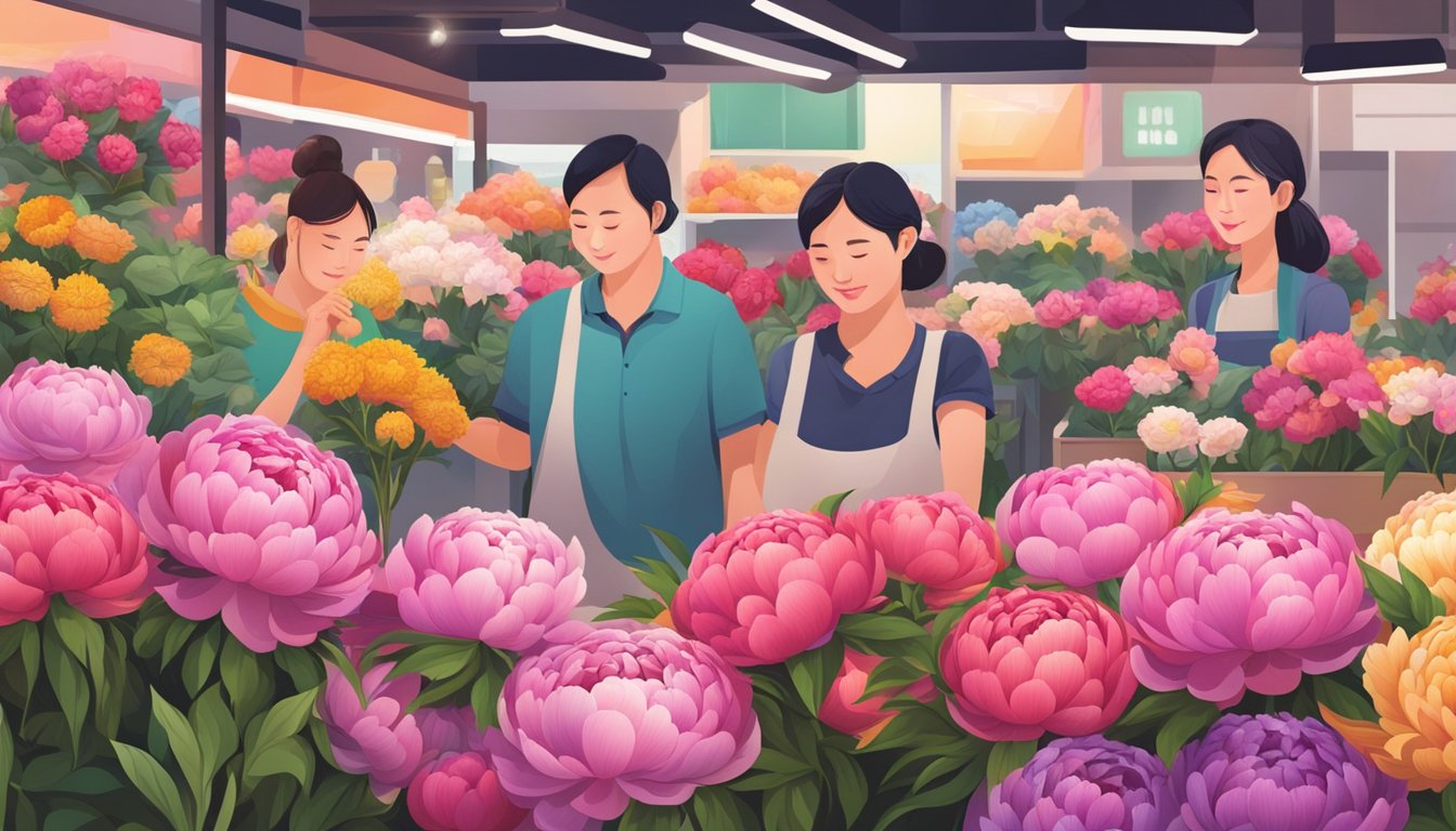 A vibrant display of peony flowers at a Singapore market, with customers browsing and vendors arranging bouquets