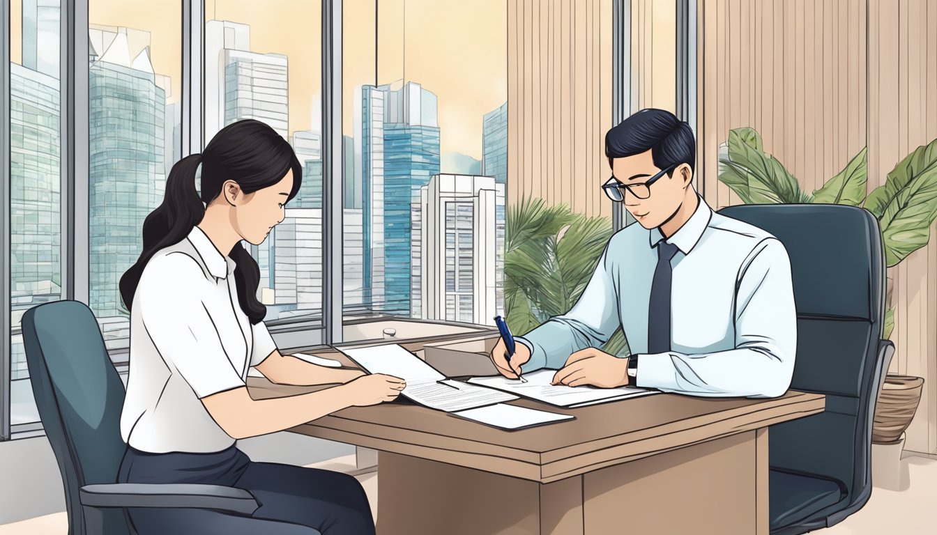 A person signing a contract with a real estate agent in a Singapore office