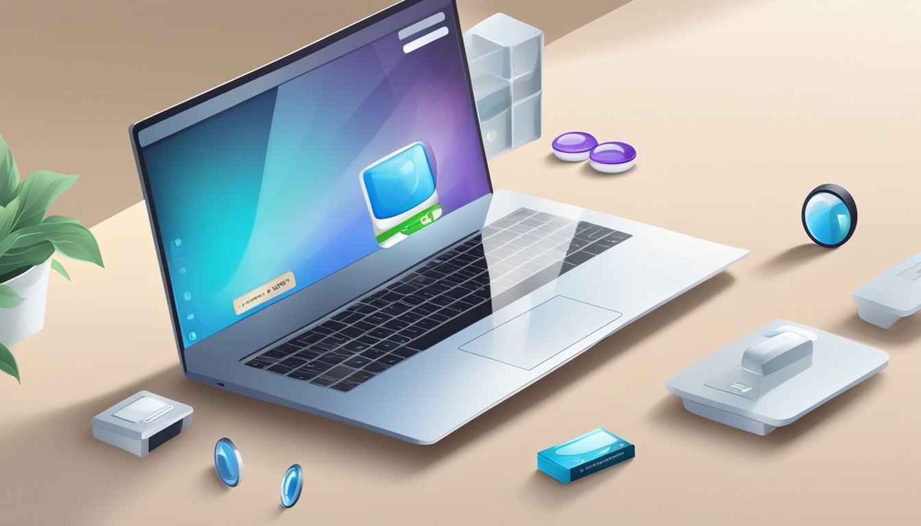 A computer with an internet browser open to a website selling disposable contact lenses. A pair of contact lenses boxes and a credit card on the table
