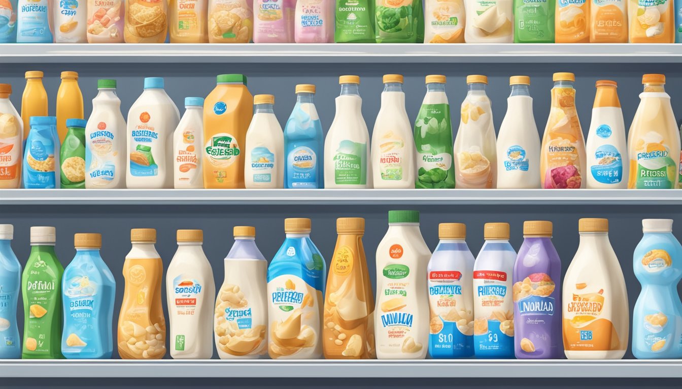 A bottle of Hokkaido milk sits on a shelf in a Singaporean grocery store, surrounded by other dairy products