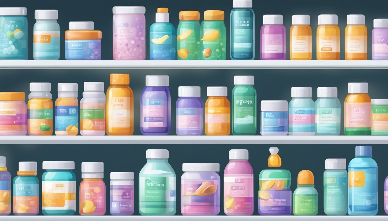 A brightly lit pharmacy shelf displays Ping On ointment in Singapore. Various sizes and types are neatly arranged, with clear price tags