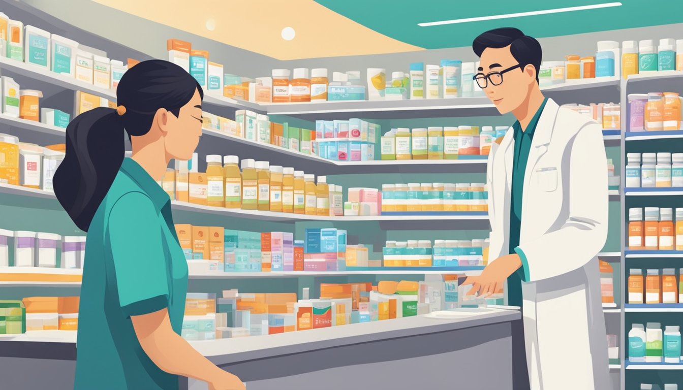 A bustling Singaporean pharmacy displays Ping On Ointment prominently on its shelves, with bright signage and a helpful staff member assisting a customer