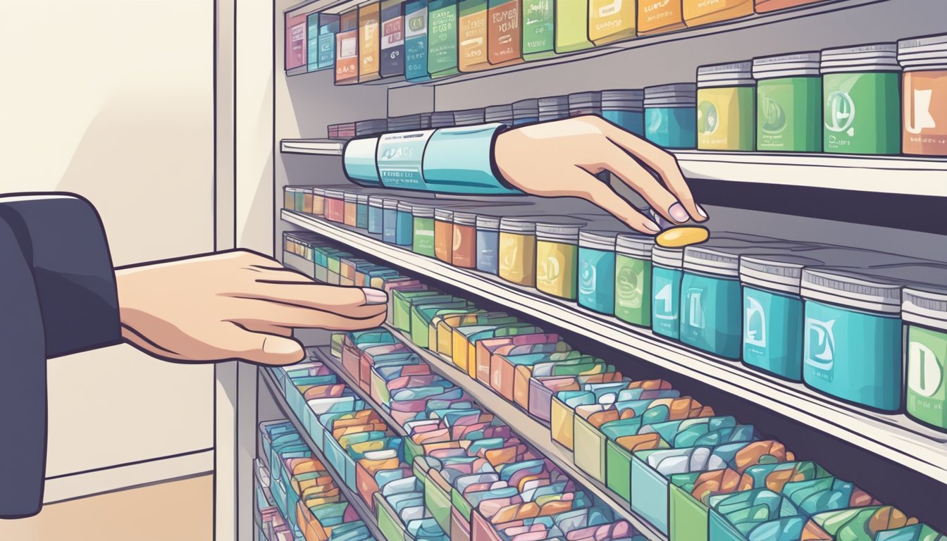 A hand reaches for a box of disposable contact lenses on a shelf, with various brands and types displayed. Online shopping website is open on a computer screen in the background