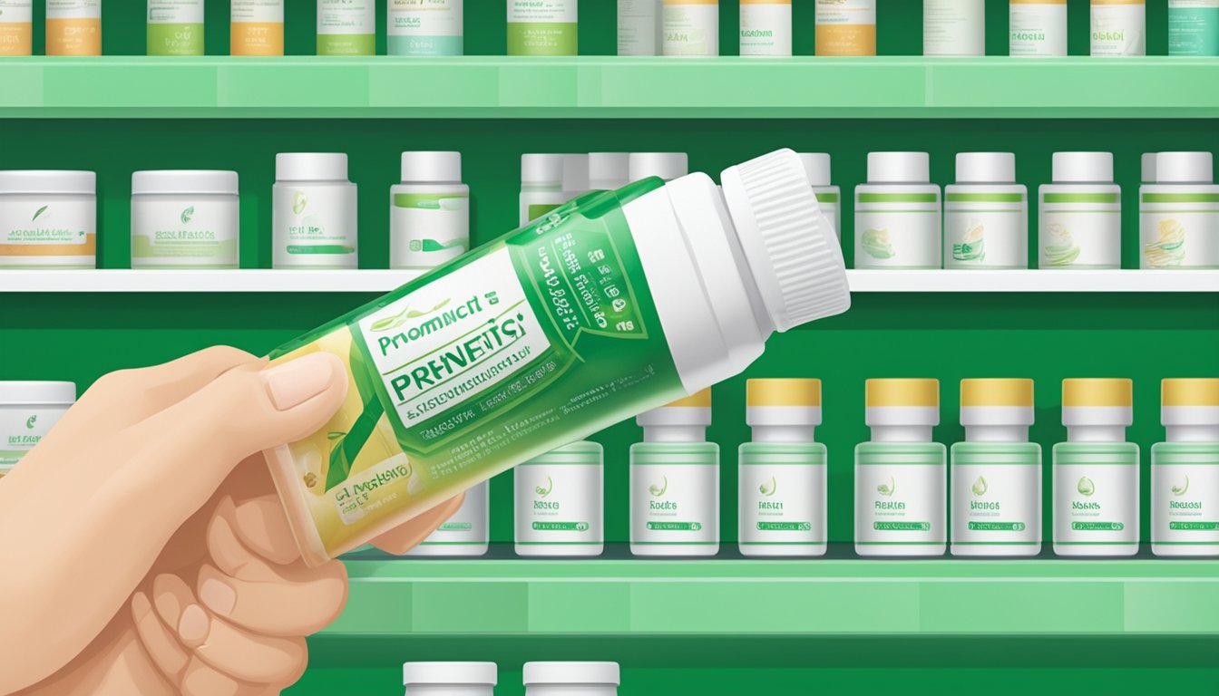 A hand reaching for a green and white tube of Ping On Ointment on a pharmacy shelf in Singapore. The label prominently displays the benefits and recommended usage of the product