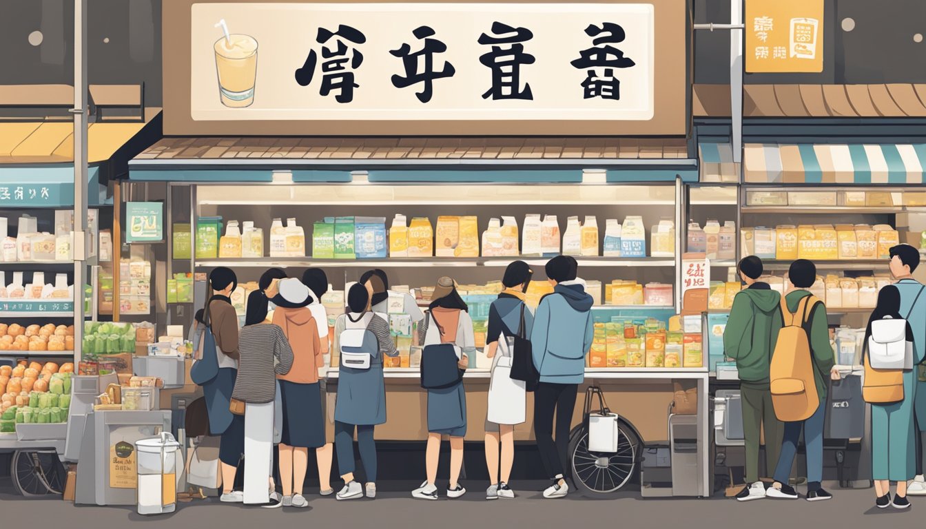 A bustling Singaporean market stall displays Hokkaido milk, with a prominent sign advertising its availability. Shoppers eagerly line up to purchase the coveted product