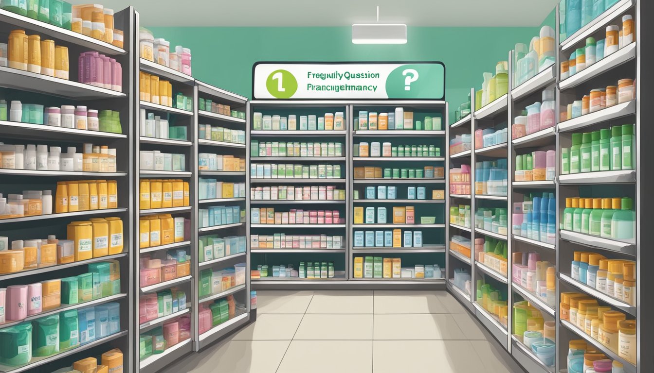 Shelves stocked with Ping On ointment in a Singapore pharmacy, with a sign indicating "Frequently Asked Questions" section
