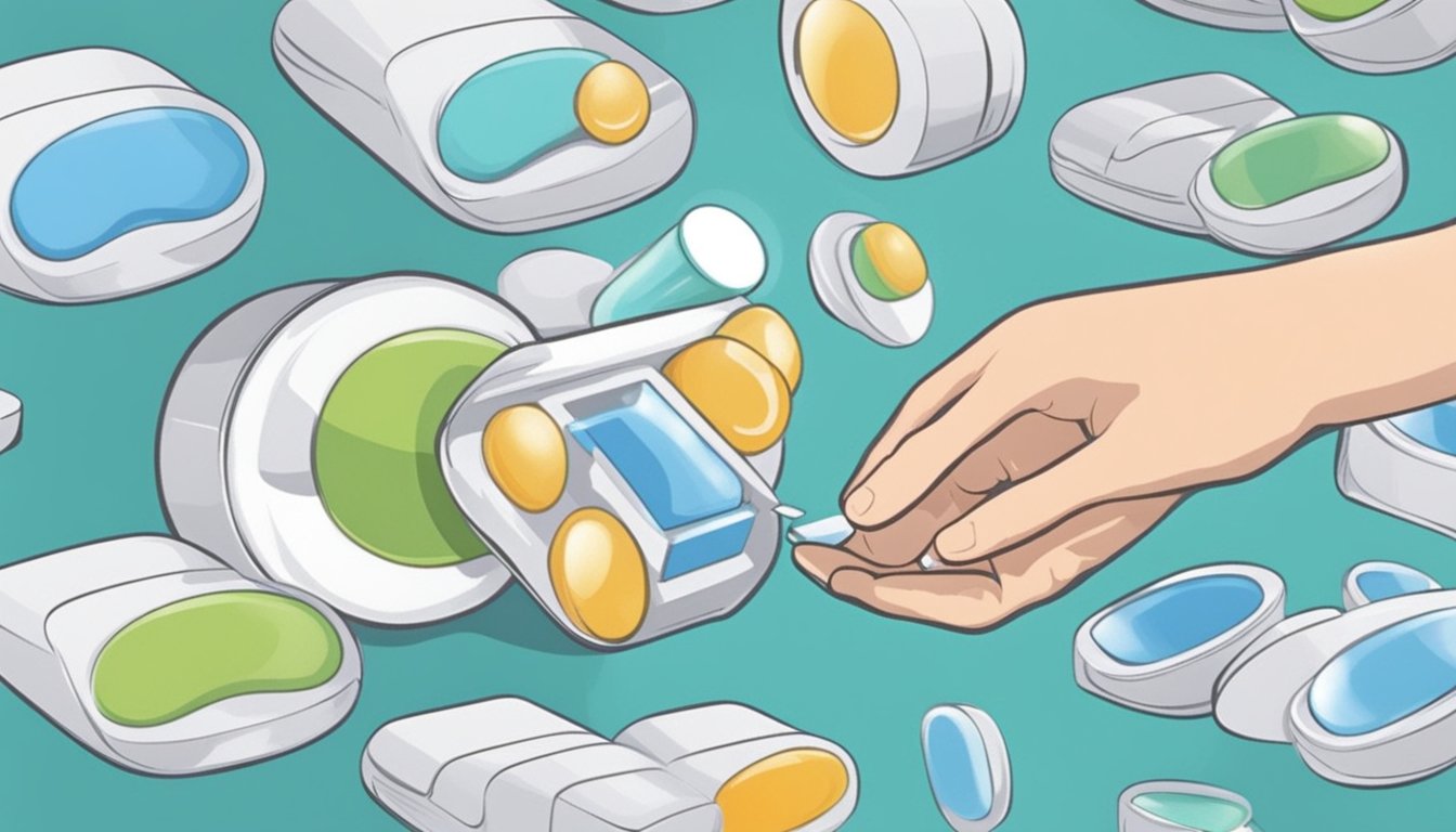 A hand picks up a box of disposable contact lenses from an online store. A bottle of contact lens solution sits nearby