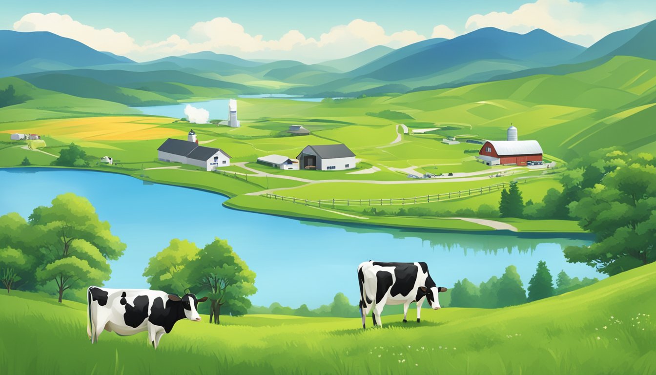 A scenic landscape with green pastures, grazing cows, and a picturesque dairy farm with the Hokkaido Milk logo prominently displayed