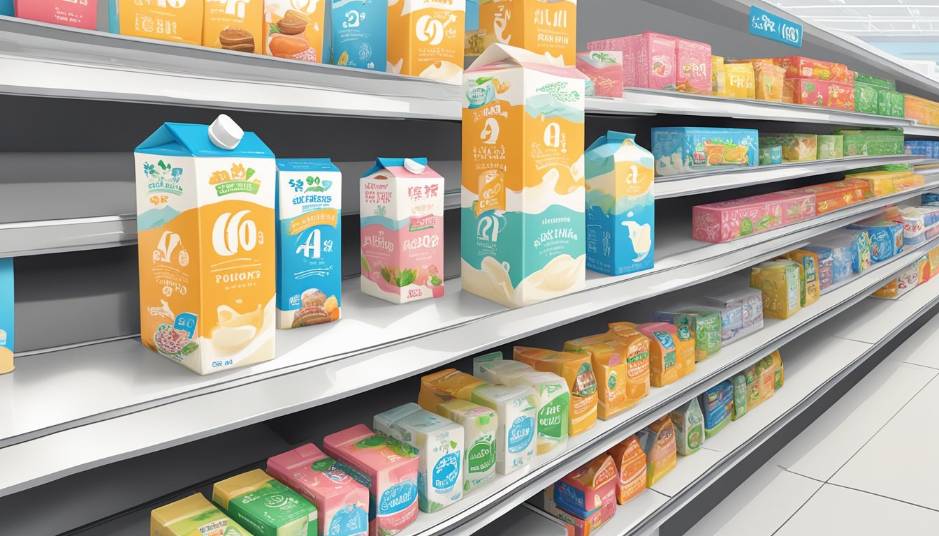 A shelf of Hokkaido milk cartons in a well-lit supermarket aisle, with a prominent "Frequently Asked Questions" sign above