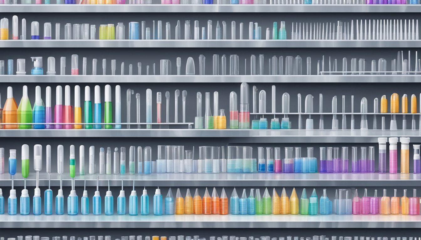 A shelf in a laboratory supply store displaying plastic pipettes in various sizes and packaging, with price tags and product information labels